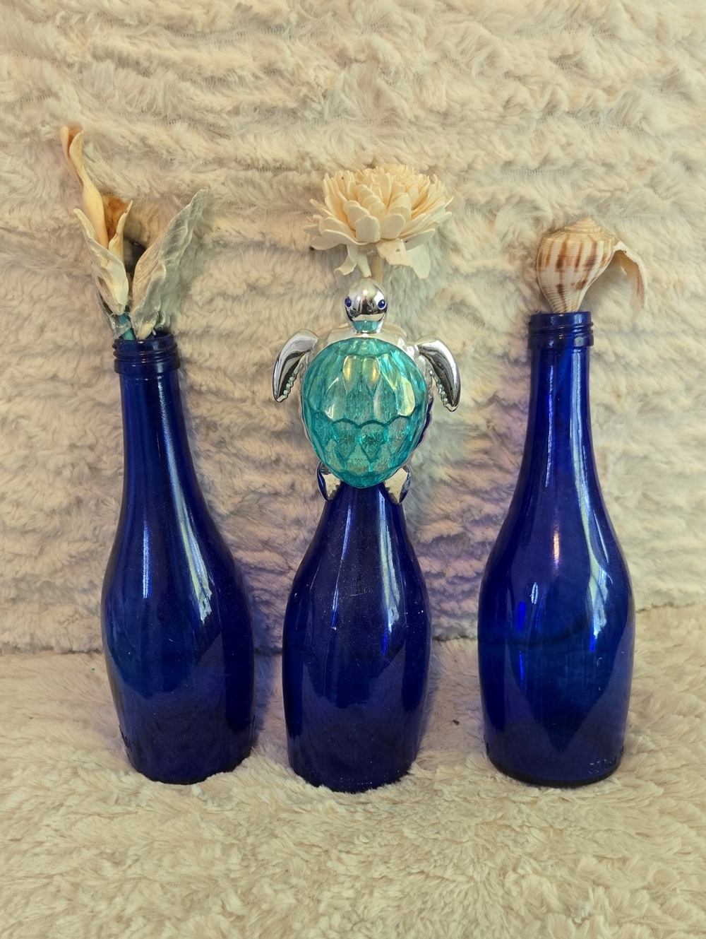 Set of 3 Cobalt Blue Glass Bottles with Turquoise Turtle Accent